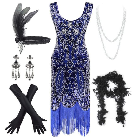 Women's Vintage 1920s Sequin Beaded Tassels Hem Flapper Dress W/Accessoriess😒
